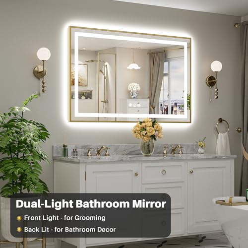 55x36 Inch LED Bathroom Mirror with Gold Frame (Backlit+front Lit With Gold Frame / 55"L x 36"W)
