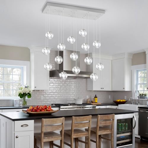 Glass Chandelier LED Modern Silver Pendant Light Globe Ceiling Light H157 Glass Ball Chandeliers for Staircase Living Room Hotel Hallway Foyer Entryway (Silver-Clear / Rectangle 16-Light)