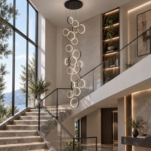 Modern 20 Ring Black LED Chandelier for High Ceilings (Black/20-Lights(circle,dimmable))