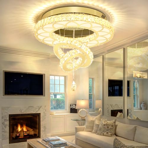 Dia 24" Modern Crystal Chandelier for Living Room Gold Ceiling Chandelier Flush Mount Crystal Ceiling Light for Dining Room Bedroom Hallway (Gold / W:24inches)