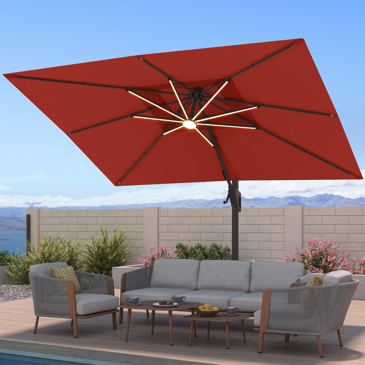 10x13FT Patio Cantilever Outdoor Offset Umbrella with LED Lights (Red)