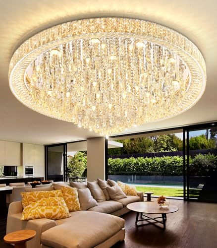 47" Modern Chandeliers LED Dimmable Crystal Flush Mount Ceiling Chandeliers for Living Room High Ceiling Entrance Foyer Lobby Bedroom Silver (Silver / 47.2" Width)
