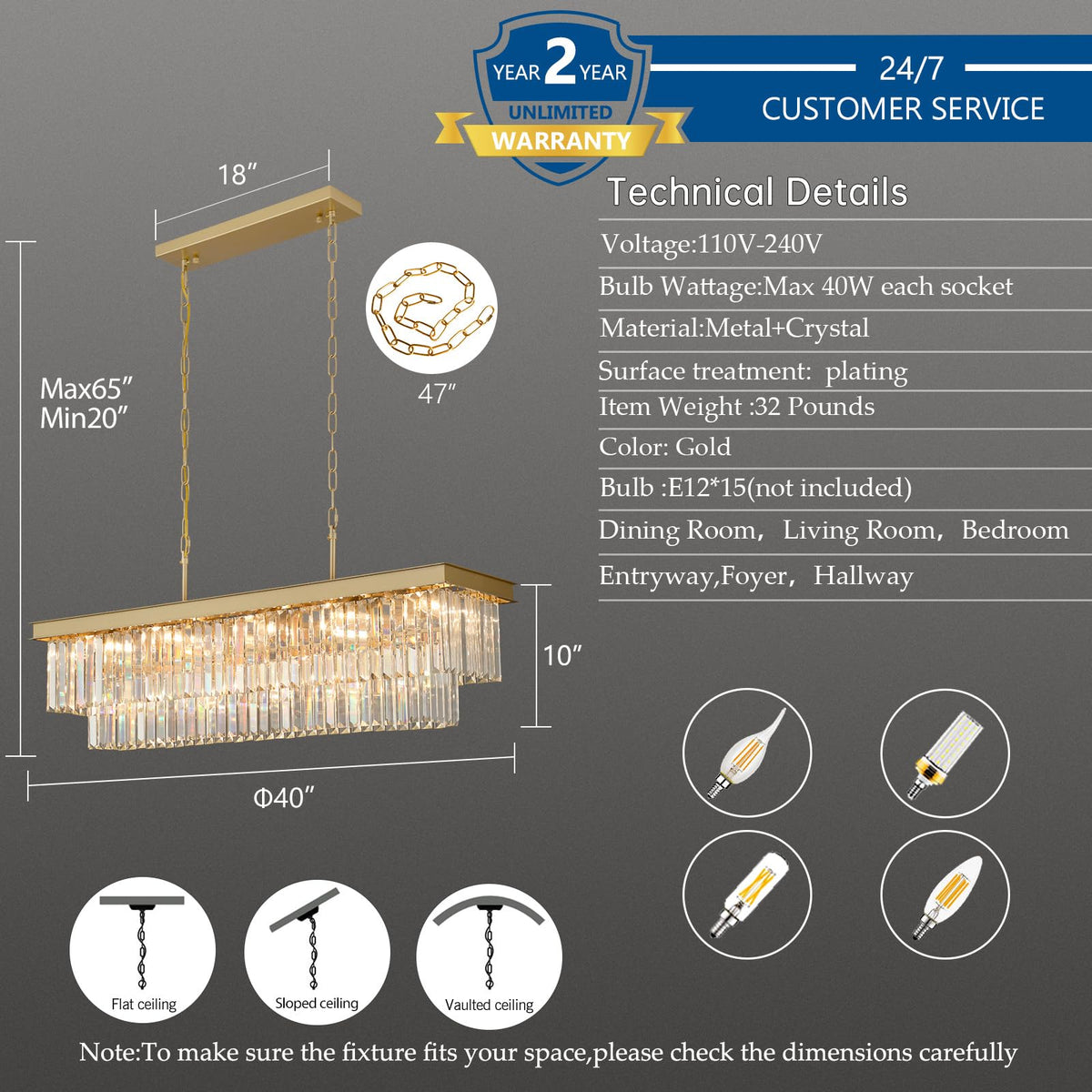 Gold Crystal Chandeliers for Dining Room (Gold / L40'' - 15 Lights)
