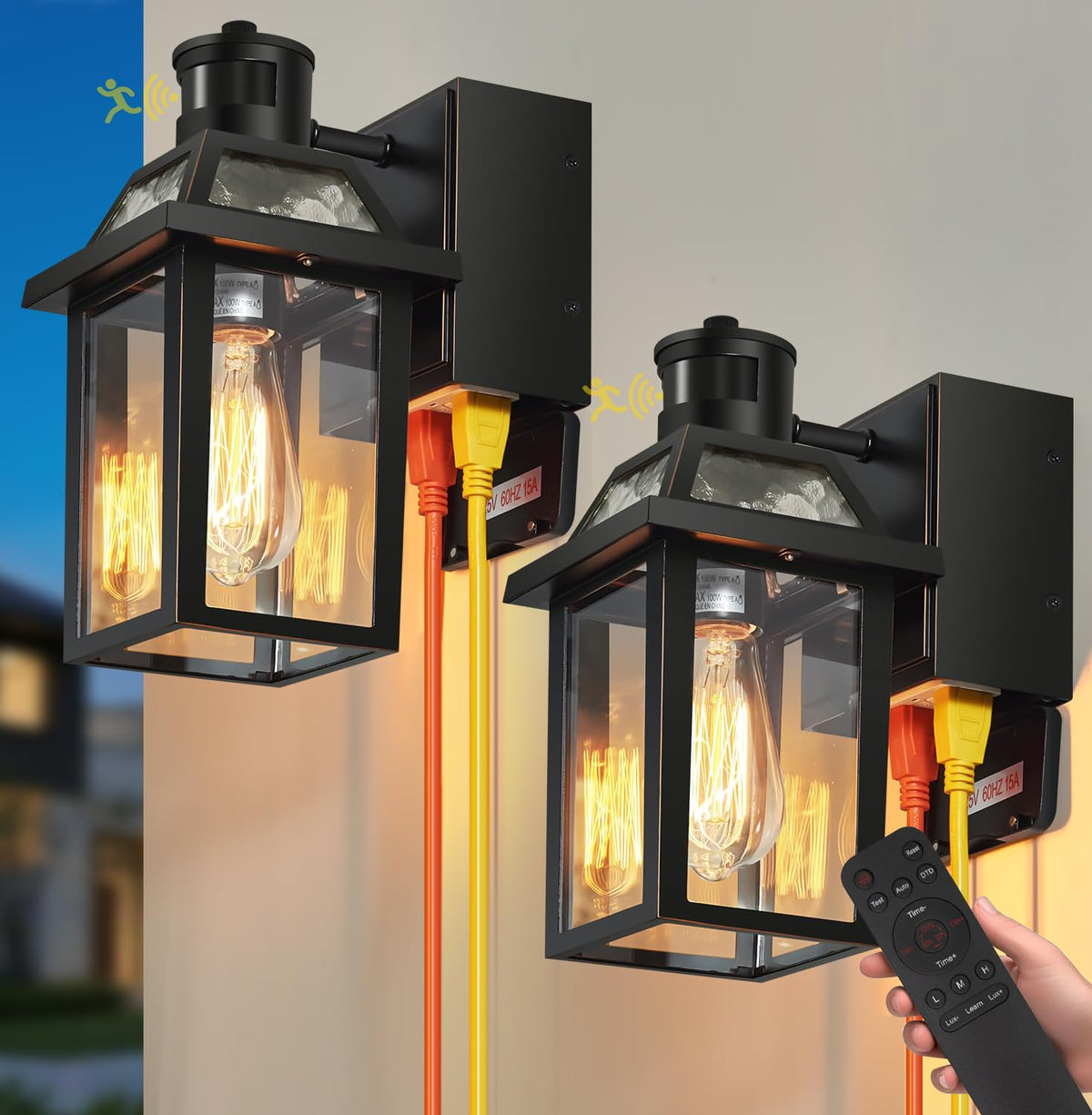 Porch Light with GFCI Outlet and Remote (Black (with Remote) / 2 Pack)