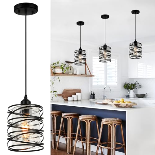 Black Modern Pendant Light for Kitchen Island Over Sink (Black Seeded Glass / 1 Light)