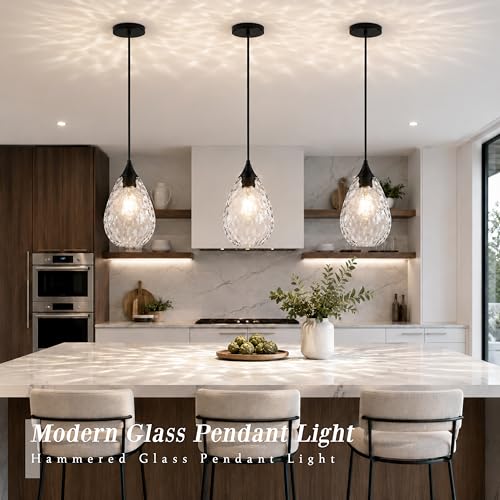 Black Glass Pendant Lights Kitchen Island 6.3" Pendant Light Hammered Clear Glass 2 Pack Height Adjustable Modern Hanging Pendant Lights for Dining Room Bedroom Hallway Sink Bulbs Incl (Black, 2 PK / 6.3 Inch)