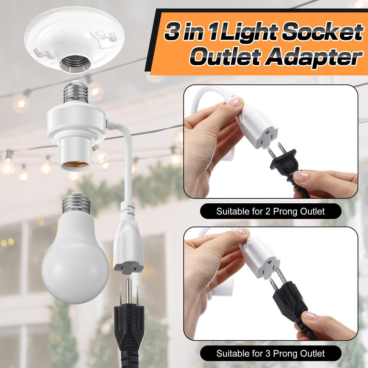 3 in 1 E26 Light Socket Outlet Adapter (White)