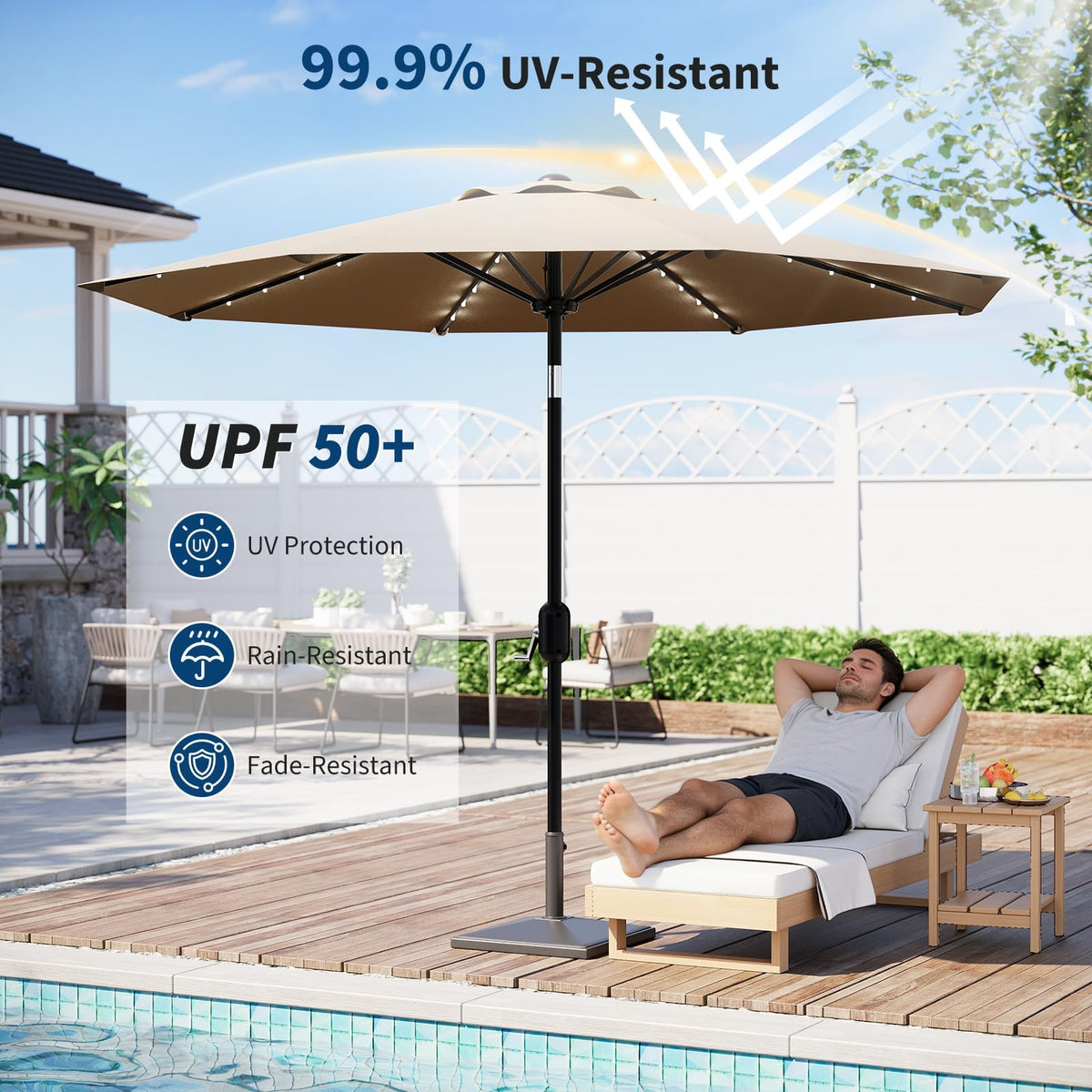 9FT Solar LED Patio Umbrella with Tilt & Crank (Tan / 9FT)