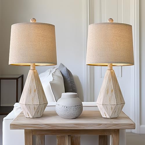 20.25" Rustic Table Lamp Set of 2 for Bedroom Living Room Vintage Retro Traditional Nightstand Bedside Lamps Kids Room Study Room Office with Linen Shade (Small - Washed White)