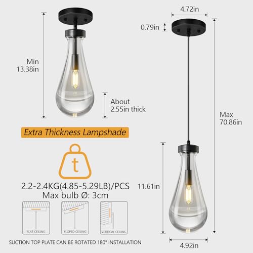 Raindrop Pendant Lights Kitchen Island Teardrop Black Hanging Light Fixtures Clear Solid Glass Pendant Light Modern Chandeliers for Dining Room Porch Corridor Living Room… (Black / 1-Pack)