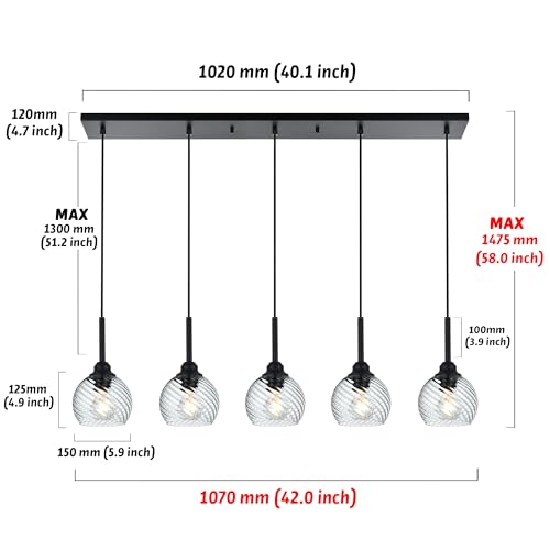 5 Light Kitchen Pendant Lighting Over Island with Striped Swirl Globe Glass (Transparent / 5-Light-Straight Bar)