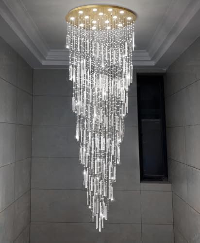 D40'' x H120'' Crystal Chandelier High Ceiling Chandeliers for Entryway Large Raindrop Chandeliers LED Dimmable Flush Mount Light Fixtures for Staircaes Foyer Hallway Living Room Bulbs Included Gold (D40'' x H120'' Gold)