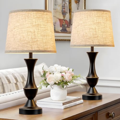 Table Lamp Set of 2 (Black Base+Beige lampshade / 19 in)