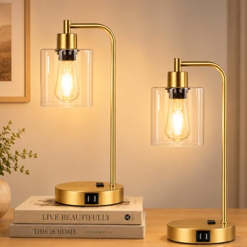 Set of 2 Industrial Touch Control Table Lamps with 2 USB Ports and AC Outlet