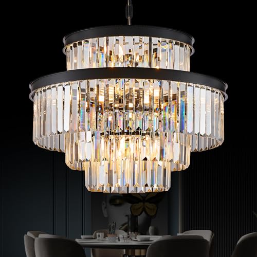 Black Crystal Chandeliers 15 Lights 22" Luxury Round Chandelier (Black / Medium-21.6”)