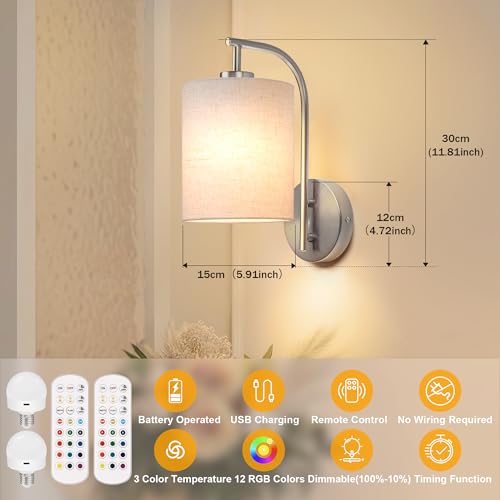 Battery Operated Wall Sconce Set of 2 (Brushed Nickel / Linen / Large)