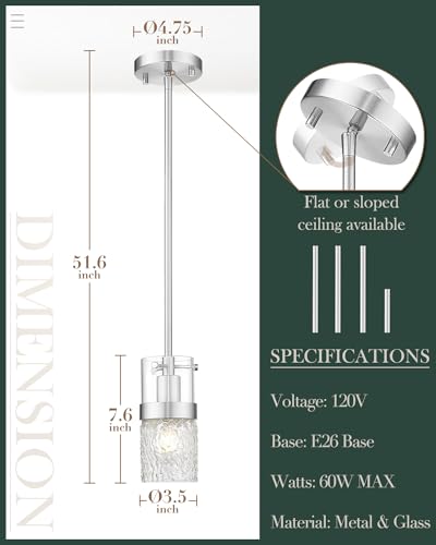 Brushed Nickel Pendant Lights Kitchen Island 2 Pack (Silver -Hammered Glass / 3.5" Hammered Glass, 2-Pack)