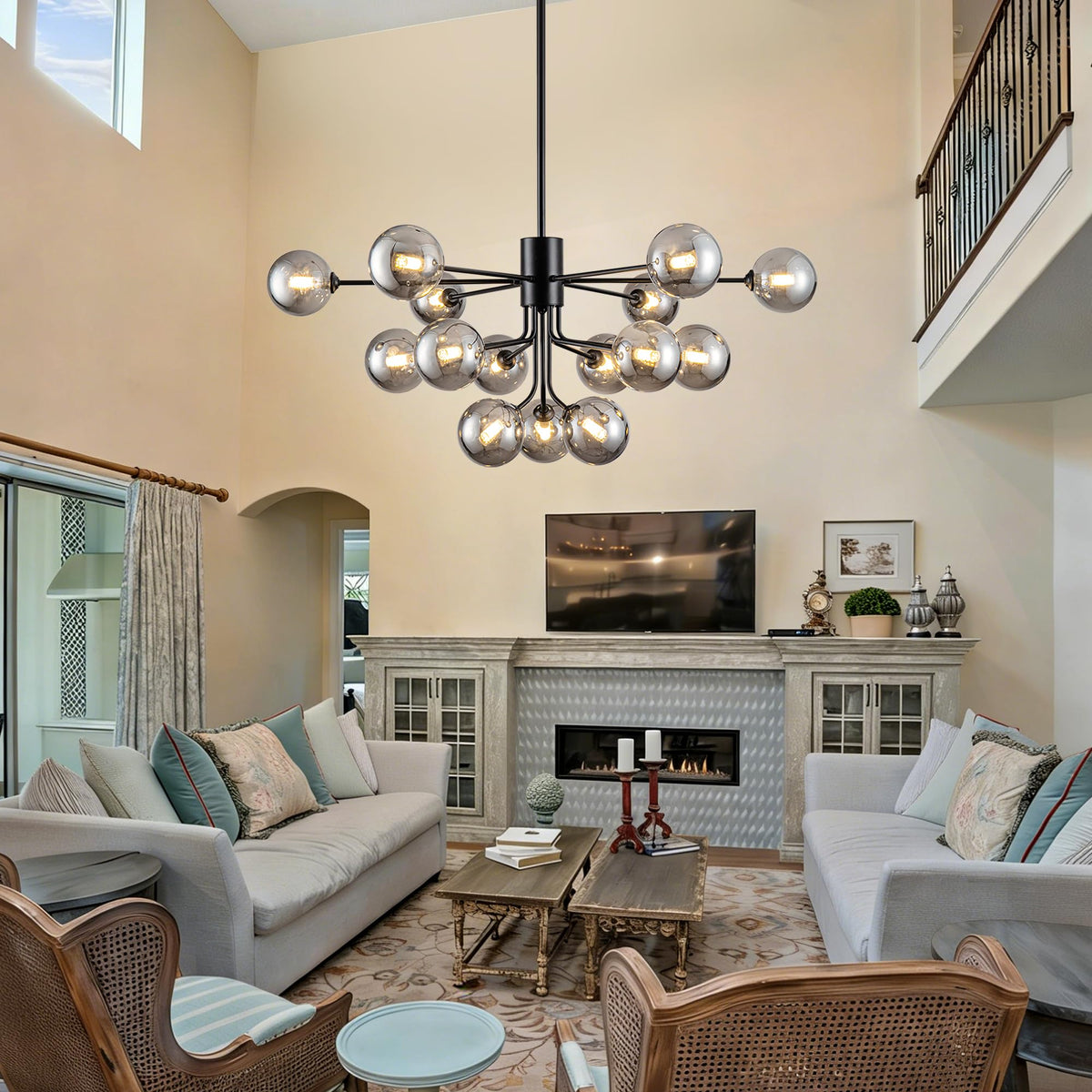 Smoked Glass Chandelier 15 Lights Black Sputnik Chandeliers for Living Room (39.37inch / Black & Grey (15 Lights))