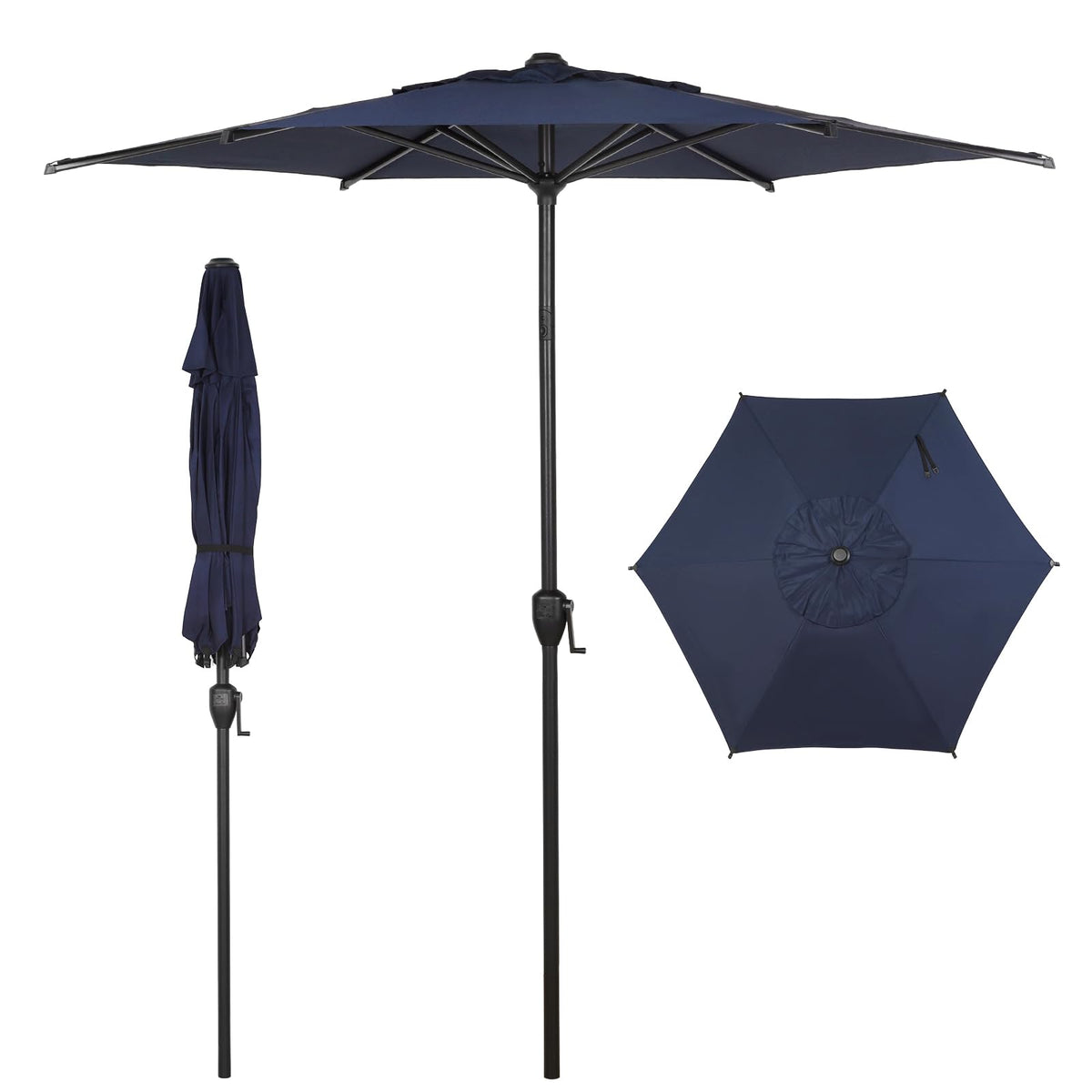 7.5FT Lyon Outdoor Patio Umbrella Outdoor Table Umbrella with Push Button Tilt and Crank Market Umbrella 6 Sturdy Ribs UV Protection Waterproof for Garden Deck Backyard Pool (7.5 FT(6 Ribs) / Navy Blue)