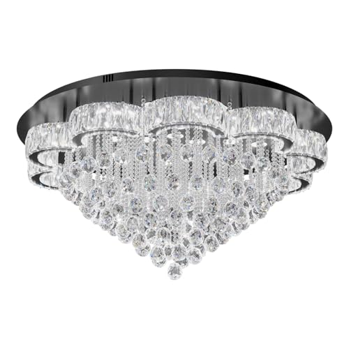 40in Black Modern LED Crystal Chandelier for Living Room Round Crystal Ceiling Light Fixtures Flush Mount Chandeliers Ceiling Chandelier for Foyer Hallway Dining Room (Black / 40inch)