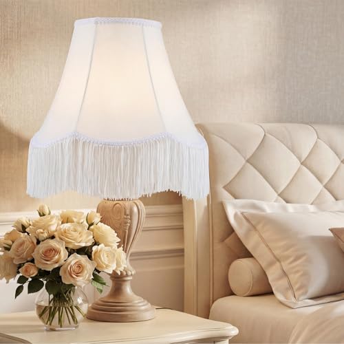 2 Pcs 6 x 13 x 10 Inch Scalloped Lamp Shades with Fringe Trim White Vintage Victorian Bell Lampshades Replacement Fabric Natural Tapered Lampshades Nordic Decor for Wall Sconce Pendant Light (White / 6 x 13 x 10 Inch)