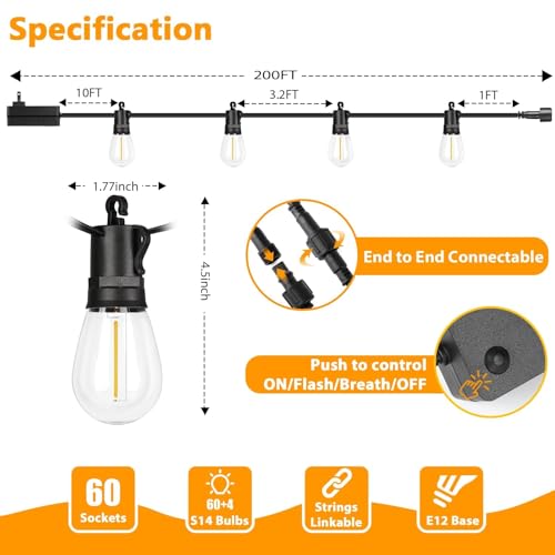 Outdoor String Lights Waterproof (200FT-Remote)