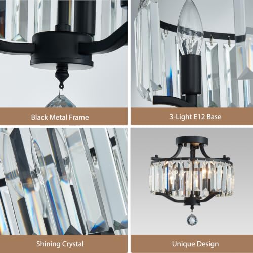 Crystal Black Chandeliers Modern Farmhouse Small Chandelier 12.2 Inch 3 (055-Black)