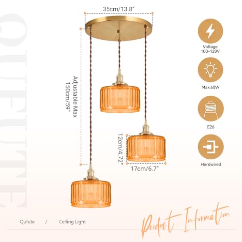 3 Lights Orange Glass Pendant Light 59" Adjustable Cord Hanging Lamp (Orange-3L)