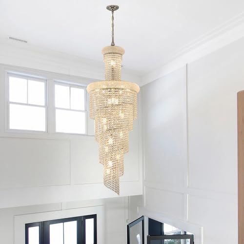 20 Light Spiral Crystal Chandelier Chrome Finish for High Ceiling Foyer Entryway Living Room Staircase 60'' H X 22'' W X 22'' D (Chrome / 60'' H X 22'' W X 22'' D)