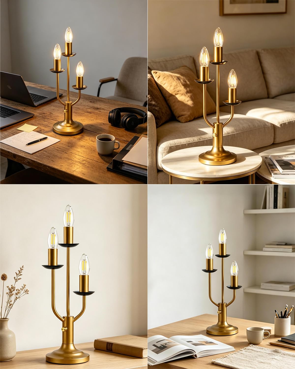 Mid Century Modern Vintage Candelabra Table Lamp Dimmable Gold Lamp (16-Gold 3-Light Candelabra)