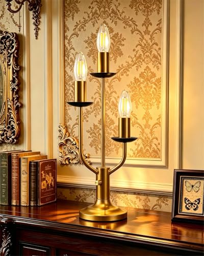 Vintage Candelabra Table Lamp Gold Lamp 3 Bulbs Included Dimmable (01-Gold 3-Light Candelabra)