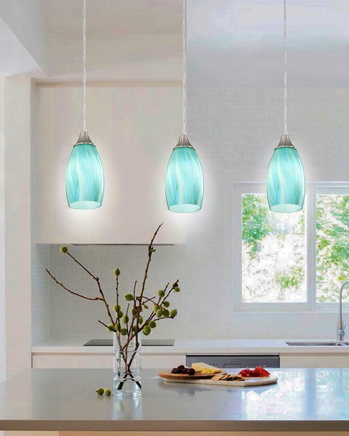 Mini Art Glass Pendant Lights Kitchen Island (Teal(Aqua)with Gold-3Packs)
