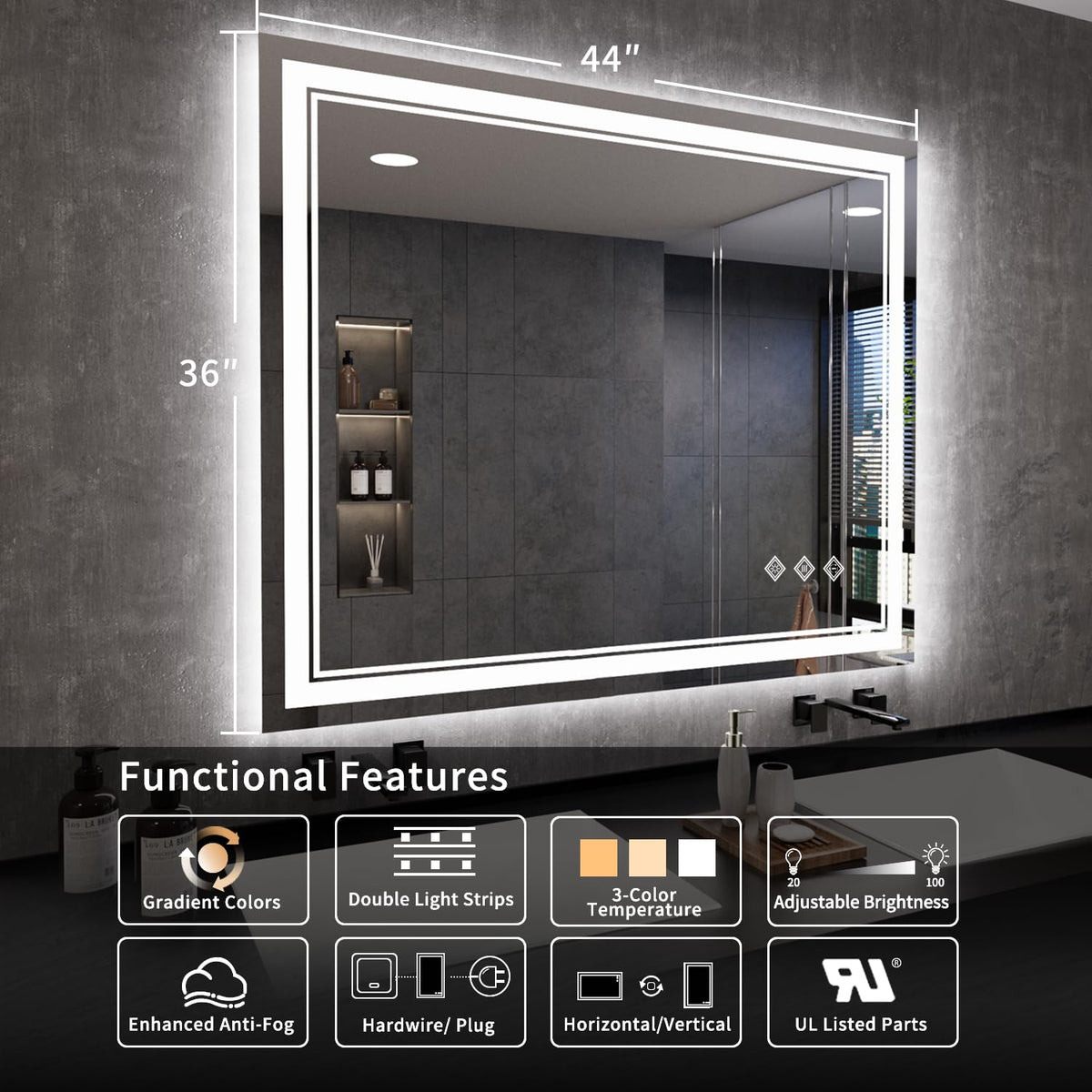 LED Mirror 44x36 Inch Gradient Front and Backlit Lighted Mirror (Front and Backlit / 44"L x 36"W)