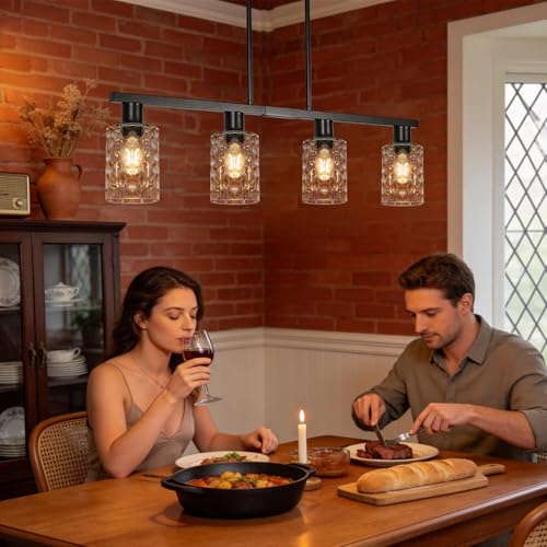 4 Light Kitchen Island Lighting Black Dining Room Light Fixture with Hammered Glass Shade 31" Modern Linear Chandelier Adjustable Hanging Pendant Lighting Over Island Dining Table Living Room (Black+hammered glass / 31in)