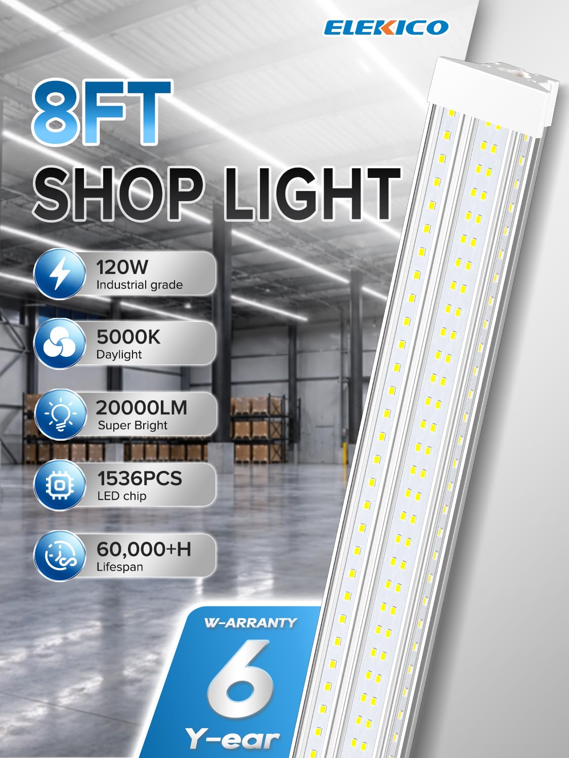 Industrial Grade 120W 20000LM 8FT LED Shop Lights 6 Pack (8FT-120W-6PACK)