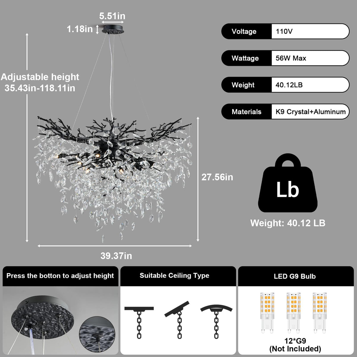 40" Black Crystal Chandelier (Black / Round-D40")