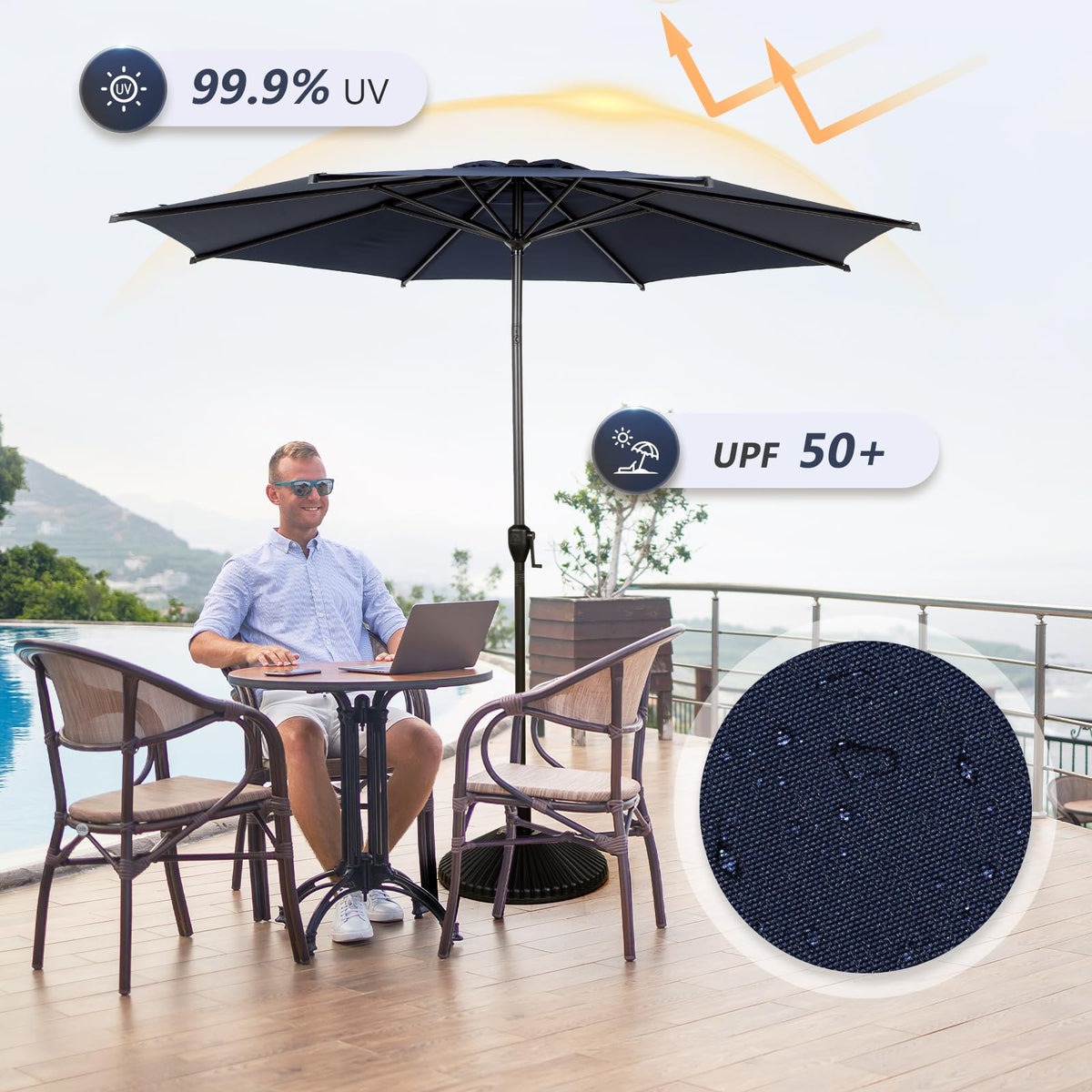 9FT Lyon Outdoor Patio Umbrella Outdoor Table Umbrella with Push Button Tilt and Crank Market Umbrella 8 Sturdy Ribs UV Protection Waterproof for Garden Deck Backyard Pool (9 FT(8 Ribs) / Navy Blue)