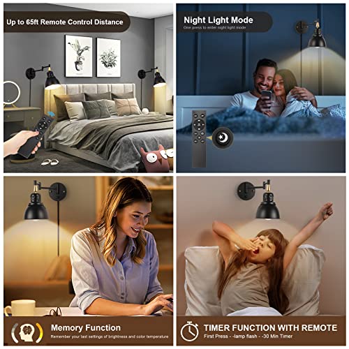 Wall Sconces Plug in (2 Pack - Bulbs and Remote Control)