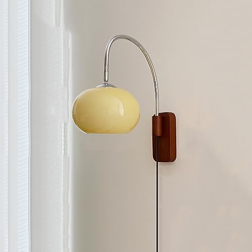 Modern Decoration Wall Sconce Mid Century with White Milk Glass Vintage Industrial Wood Wall Light Hardwired Smoke Grey Amber Farmhouse Reading Wall Lamp for Bedroom Living Room Bedside
