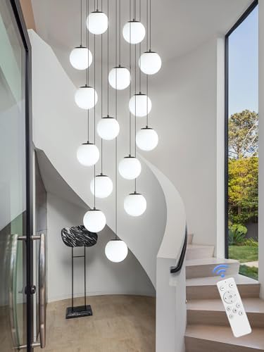 15 Light Black Chandelier with White Globe Glass Dimmable Ceiling Light Glass Pendant Light for Kitchen Island (Black-White / Globe 15-Light)