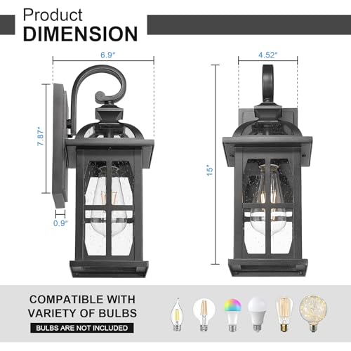 Outdoor Wall Lights (Black-Seeded Glass / Medium-2 Pack)
