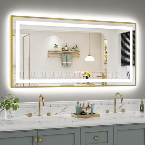 60x30 Inch LED Bathroom Mirror with Gold Frame (Backlit+front Lit With Gold Frame / 60"L x 30"W)