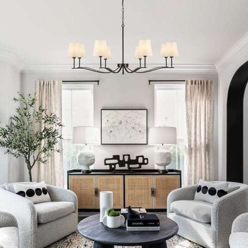 8 Light Black Chandelier with White Linen Shade 44'' Fabric Dining Room Chandeliers Over Table Transitional Living Room Chandeliers for Master Bedroom Entry Hanging Light Fixture Home Office Kitchen (Black & Linen / 43.7 inch)