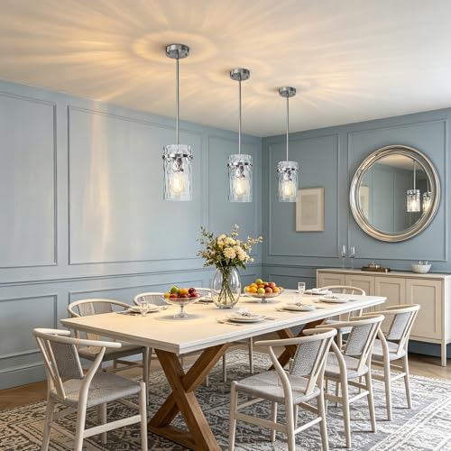 Modern Brush Nickel Hammered Glass Pendant Lights for Kitchen Dining Room (Nickel-1 Pack)