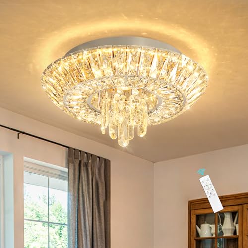 Crystal Chandelier 25W Modern Round Ceiling Light Fixture LED Raindrop Chandeliers Dimmable with Remote for Dining Room Living Room Entryway Hallway Bedroom Silver (Silver / W16")