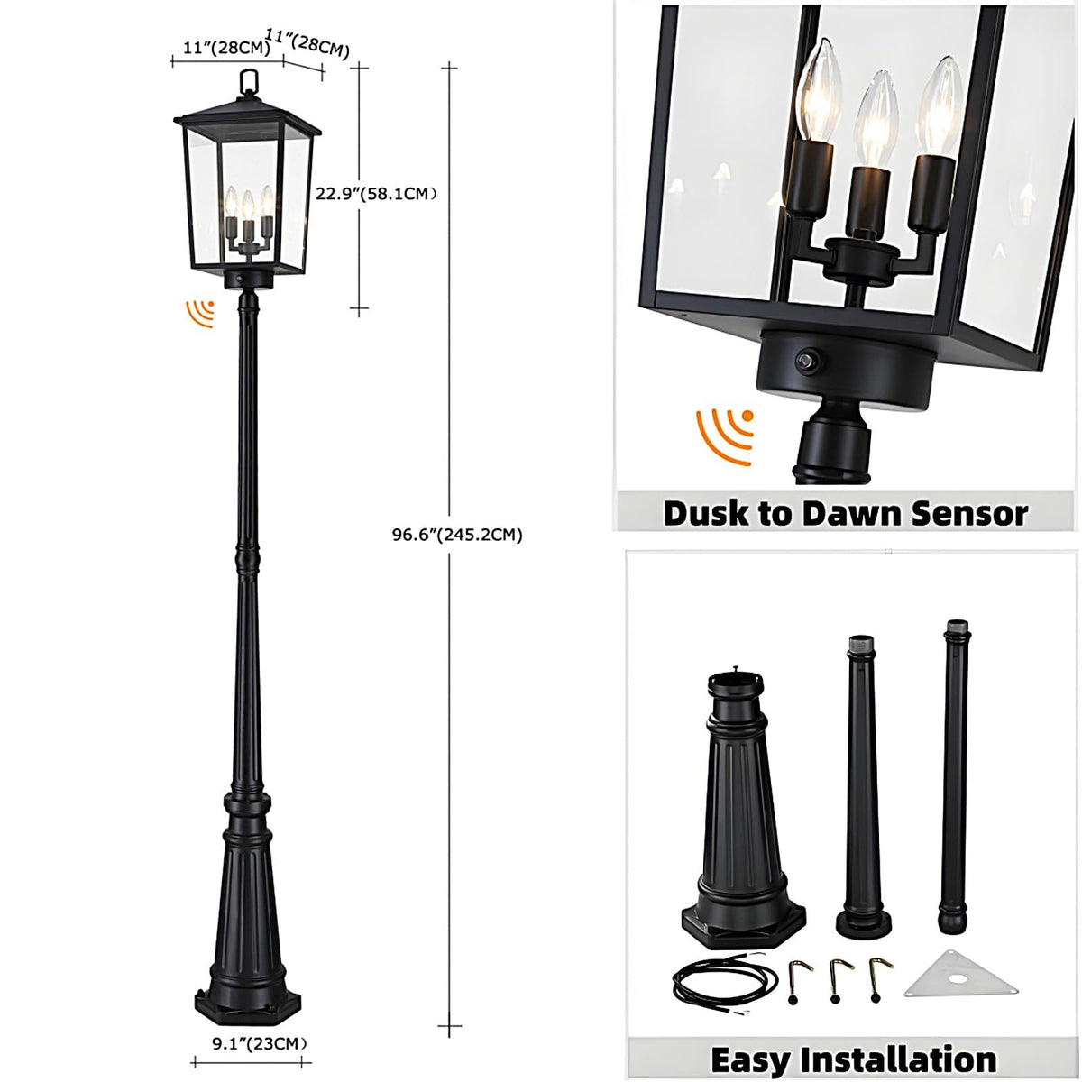 92"Dusk to Dawn Outdoor Post Light (Black (3-Light with Dusk to Dawn Sensor))