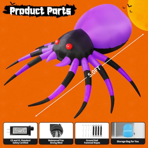 5 FT Width Halloween Inflatable Spider Outdoor Decoration with Magic Light (5 FT Purple)