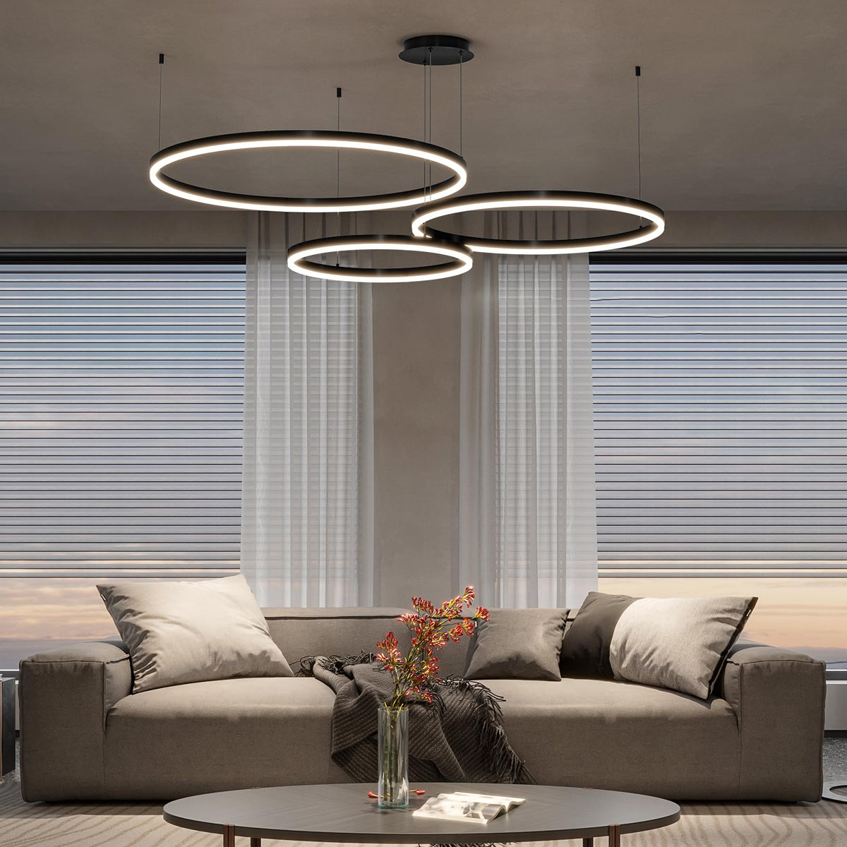 Modern Ceiling Chandelier Light (Black / 7.87+15.74+23.62in)