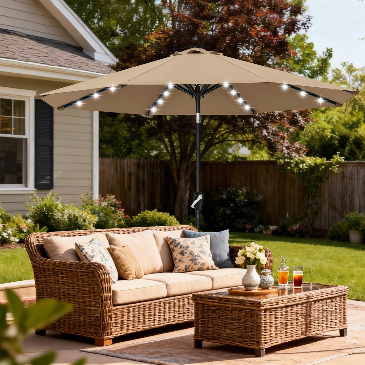 Solar Led Patio Umbrella with 32 Lights 9FT (LED Umbrella / 9ft / Tan)