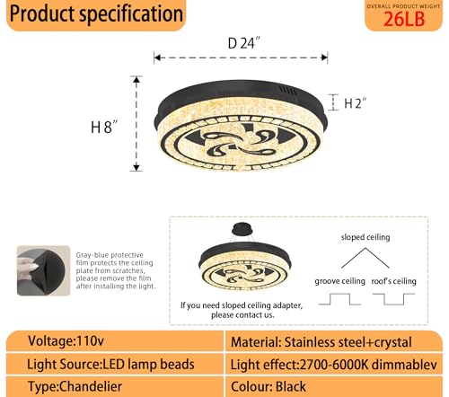 24'' Black Modern Crystal Chandelier LED Dimmable Flush Mount Crystal Ceiling Light for Living Room Bedroom Dining Room (24in Black)